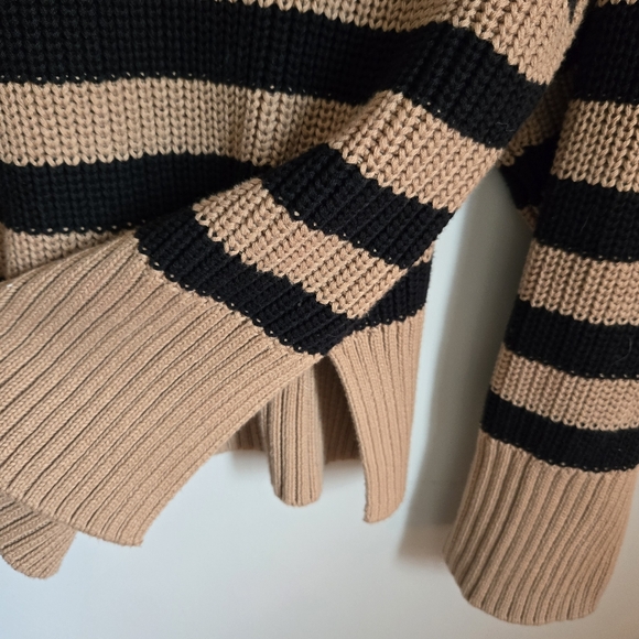Quince Striped Cotton Chunky Sweater Sz M Medium Turtleneck Bell Wide Sleeve - Picture 8 of 11